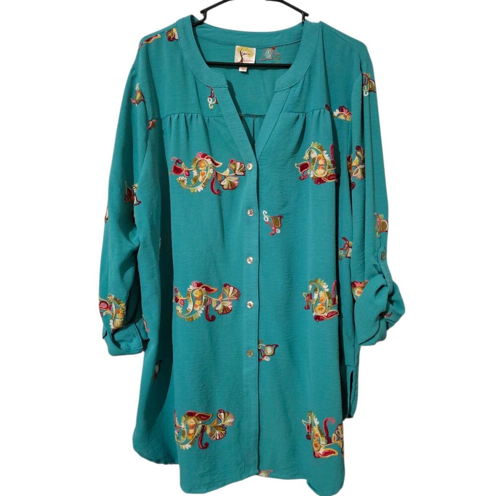 Fig and Flower Womens Button Up Tunic Top Size 2X Floral Teal Embroidered